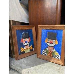 Pair Clown Paintings Happy Sad Clowns Framed Original 15x12